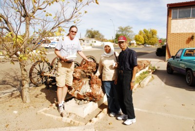 Vin, Mak and Abah by the petrified tree in Holbrook, AZ